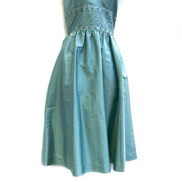 Vintage Anne Klein 100% Silk Seaglass Halter Dress | Beaded Waist | 50s Inspired - Picture 5 of 16